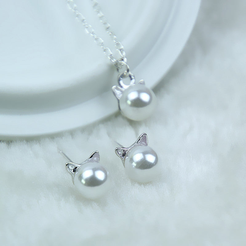 Classy Pearl Cat Earrings & Necklace Set - Jewelry Set - ravn