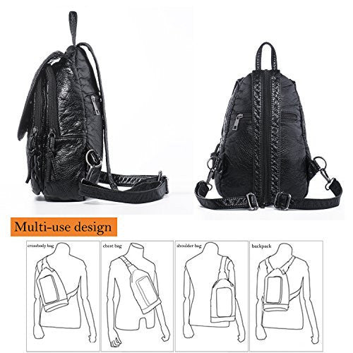 Katloo Women’s Washed Leather 4-way Convertible Tear Drop Small Backpack Shoulder Chest Bag Sling Purse (Black) -  - ravn