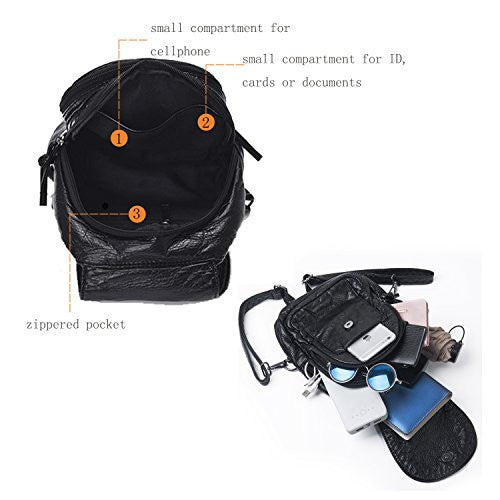 Katloo Women’s Washed Leather 4-way Convertible Tear Drop Small Backpack Shoulder Chest Bag Sling Purse (Black) -  - ravn (4)