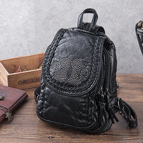 Katloo Women’s Washed Leather 4-way Convertible Tear Drop Small Backpack Shoulder Chest Bag Sling Purse (Black) -  - ravn