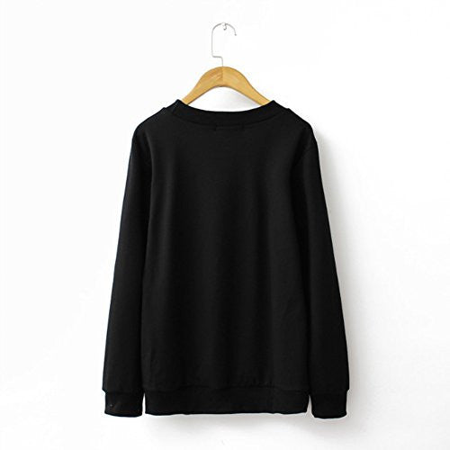 MIXMAX Women Cute Cat Face and Meow Letter Print Long Sleeve Sweatshirt Pullover(Medium, Cat black) -  - ravn