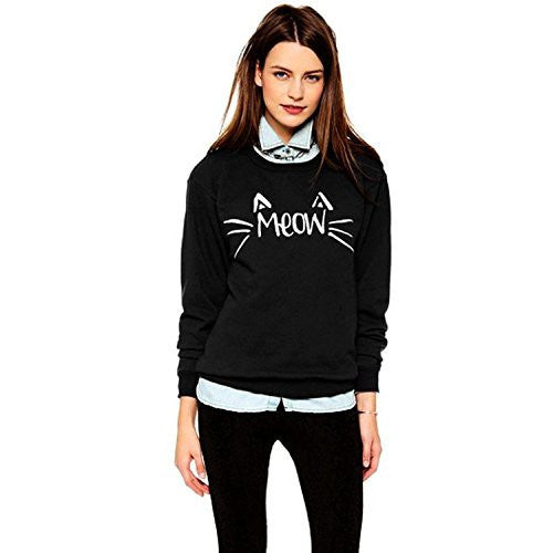 MIXMAX Women Cute Cat Face and Meow Letter Print Long Sleeve Sweatshirt Pullover(Medium, Cat black) -  - ravn