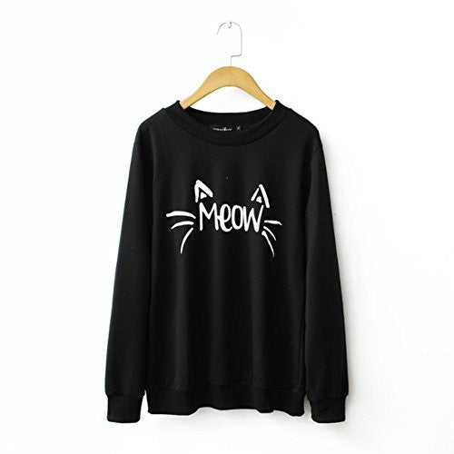 MIXMAX Women Cute Cat Face and Meow Letter Print Long Sleeve Sweatshirt Pullover(Medium, Cat black) -  - ravn