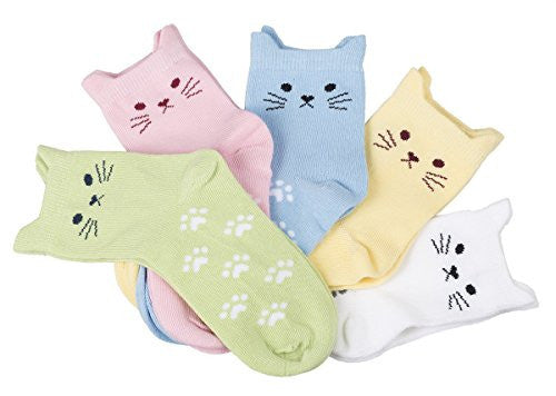 Maiwa Cotton Novelty Cats Seamless Girls Kids Socks 5 Pack (2-4 Years/14-16cm) -  - ravn