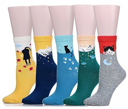 Mraw Cute Cat Design Women's Casual Comfortable Cotton Crew Socks - 5 Pack,(Yellow/Dark Green/Gray/Blue/Navy Blue),One Size -  - ravn