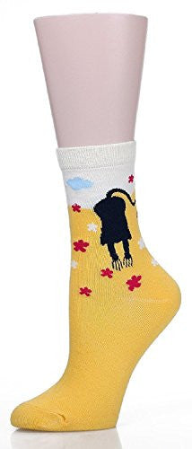 Mraw Cute Cat Design Women's Casual Comfortable Cotton Crew Socks - 5 Pack,(Yellow/Dark Green/Gray/Blue/Navy Blue),One Size -  - ravn