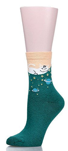 Mraw Cute Cat Design Women's Casual Comfortable Cotton Crew Socks - 5 Pack,(Yellow/Dark Green/Gray/Blue/Navy Blue),One Size -  - ravn