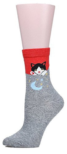 Mraw Cute Cat Design Women's Casual Comfortable Cotton Crew Socks - 5 Pack,(Yellow/Dark Green/Gray/Blue/Navy Blue),One Size -  - ravn