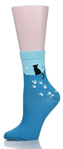 Mraw Cute Cat Design Women's Casual Comfortable Cotton Crew Socks - 5 Pack,(Yellow/Dark Green/Gray/Blue/Navy Blue),One Size -  - ravn (5)