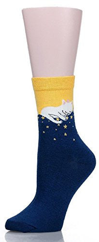 Mraw Cute Cat Design Women's Casual Comfortable Cotton Crew Socks - 5 Pack,(Yellow/Dark Green/Gray/Blue/Navy Blue),One Size -  - ravn (6)