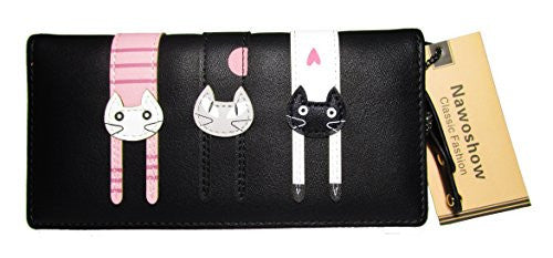 Nawoshow Women Wallet Cute Cat Wallet Bifold Long Purse with Zipper(Black) -  - ravn