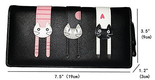Nawoshow Women Wallet Cute Cat Wallet Bifold Long Purse with Zipper(Black) -  - ravn