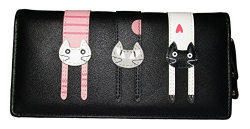 Nawoshow Women Wallet Cute Cat Wallet Bifold Long Purse with Zipper(Black) -  - ravn