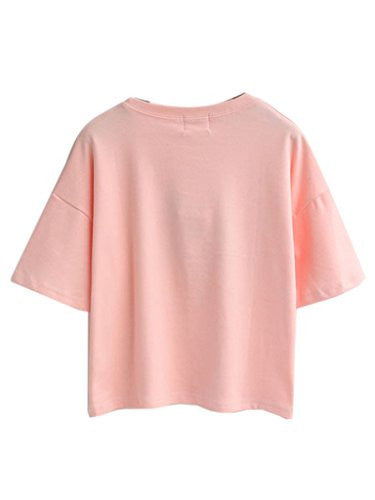 Persun Pink Embroidery Letter And Cat Short Sleeves Crop T-shirt Top,One Size,Pink -  - ravn (1)
