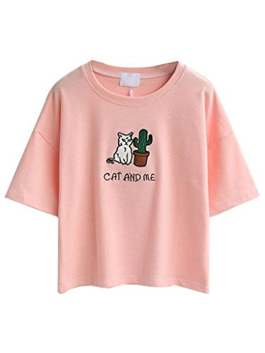 Persun Pink Embroidery Letter And Cat Short Sleeves Crop T-shirt Top,One Size,Pink -  - ravn