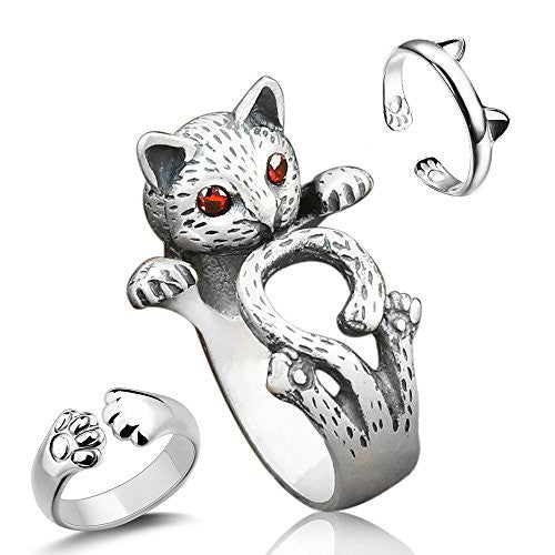 Sharkleap 3 Pieces Sterling Silver Cat Rings, Kitty's Paw Ear Ring Set -  - ravn