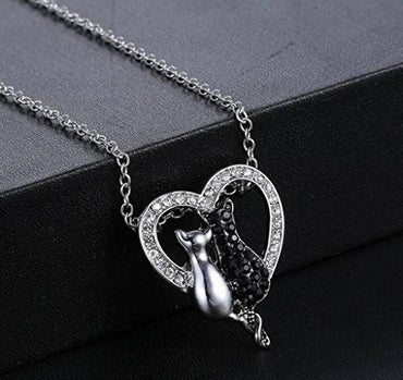 Silver Platinum Plated Pave Black White Cute Sitting Cat Necklace CZ Heart Pendant -  - ravn