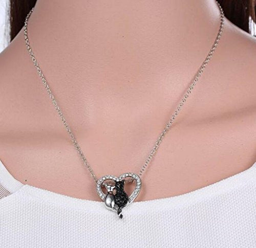 Silver Platinum Plated Pave Black White Cute Sitting Cat Necklace CZ Heart Pendant -  - ravn