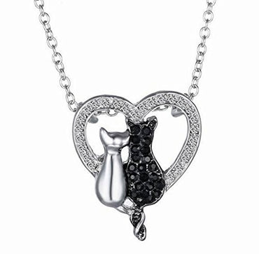 Silver Platinum Plated Pave Black White Cute Sitting Cat Necklace CZ Heart Pendant -  - ravn