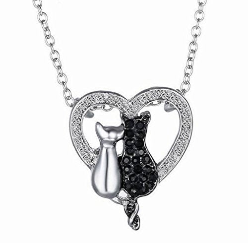 Silver Platinum Plated Pave Black White Cute Sitting Cat Necklace CZ Heart Pendant -  - ravn