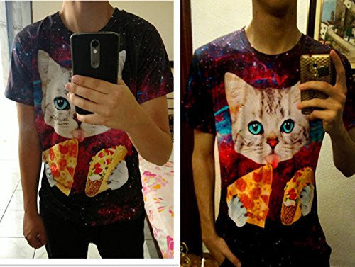 Uideazone men's Galaxy Cat Eat Pizza Short Sleeve T-shirt Tee Tops,cat3,Asia L= US M -  - ravn
