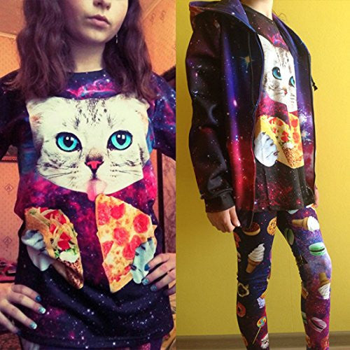 Uideazone men's Galaxy Cat Eat Pizza Short Sleeve T-shirt Tee Tops,cat3,Asia L= US M -  - ravn