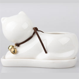 White Ceramic Cat Flower Pot - Garden - ravn