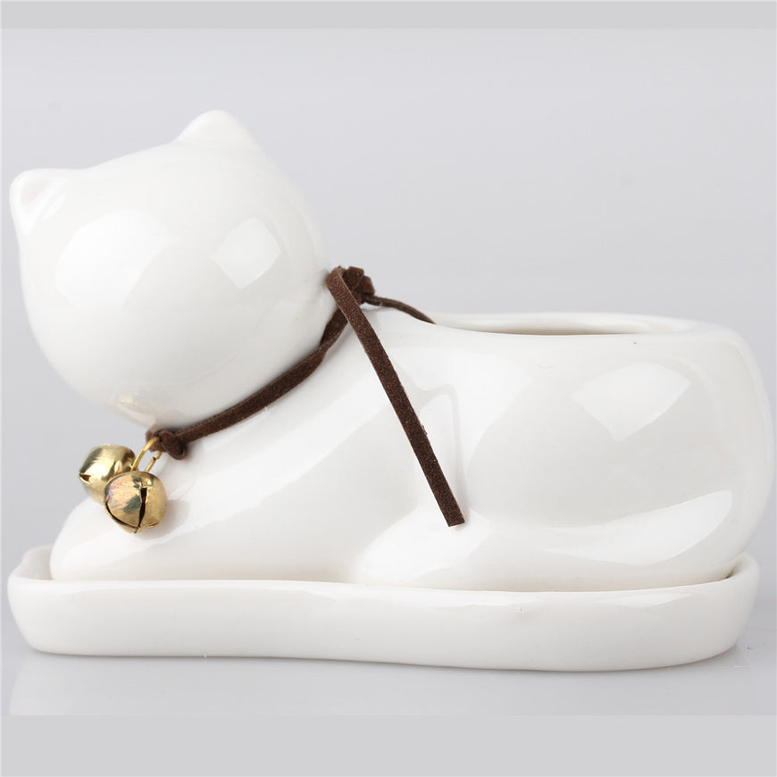 White Ceramic Cat Flower Pot - Garden - ravn (1)