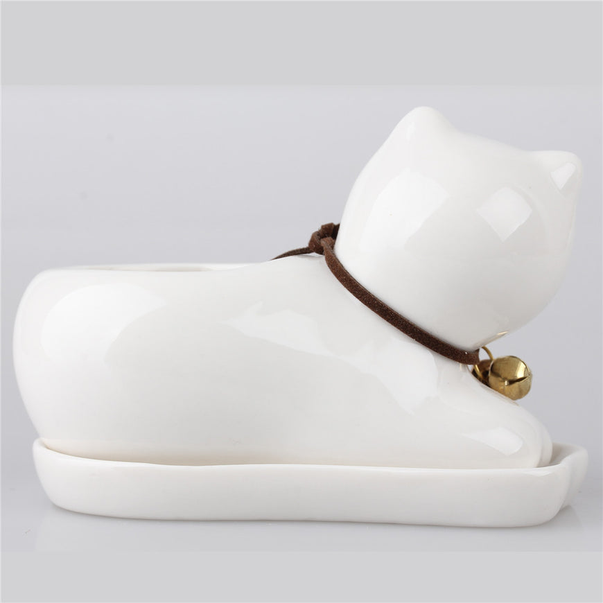 White Ceramic Cat Flower Pot - Garden - ravn (2)