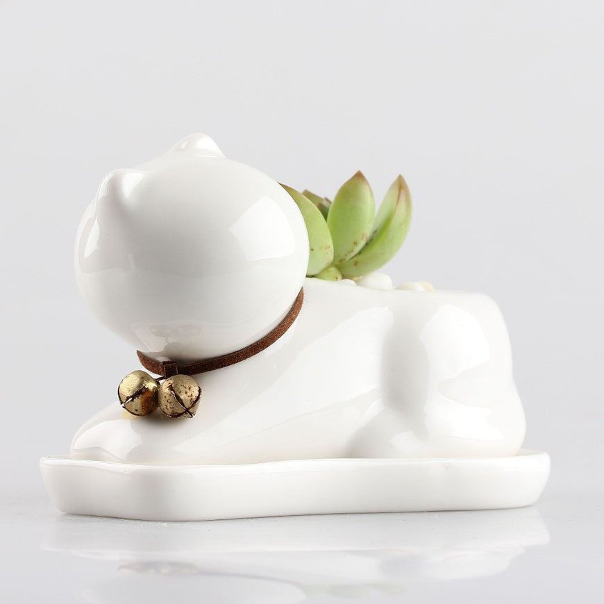 White Ceramic Cat Flower Pot - Garden - ravn