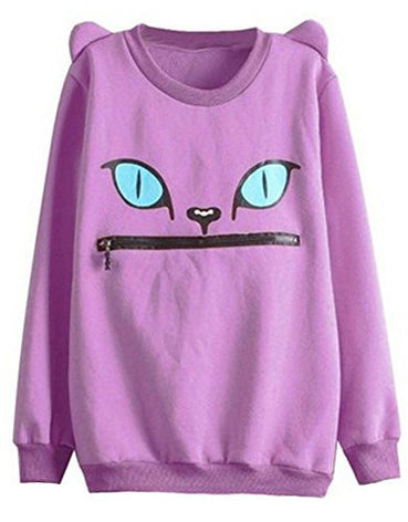 Benibos Women Zip Mouth Smile Shoulder 3D Ear Cat Jumper Sweatshirt Top (Label size M (US: S), Lavender) -  - ravn