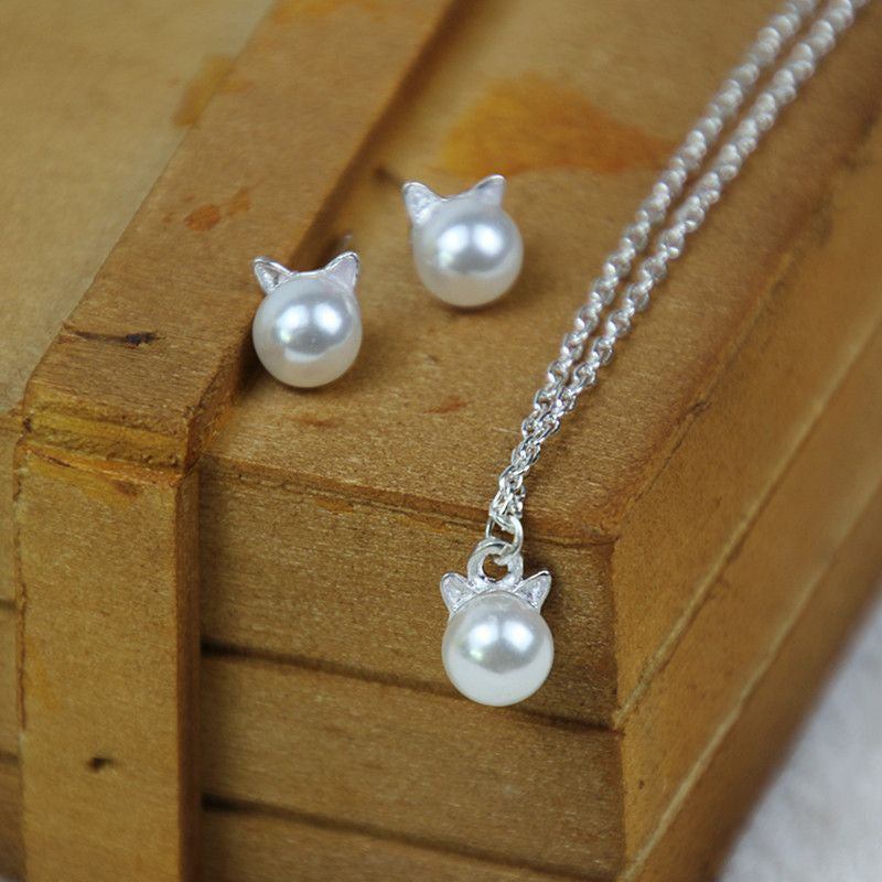 Classy Pearl Cat Earrings & Necklace Set - Jewelry Set - ravn (1)