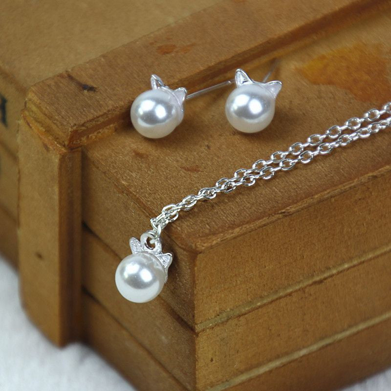 Classy Pearl Cat Earrings & Necklace Set - Jewelry Set - ravn (5)