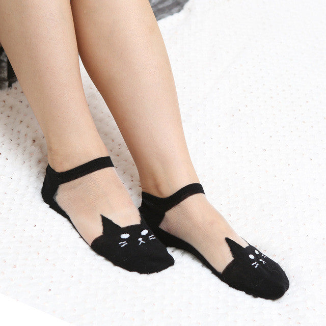 Sheer Cat Ankle Socks - in Black, White - Socks - ravn