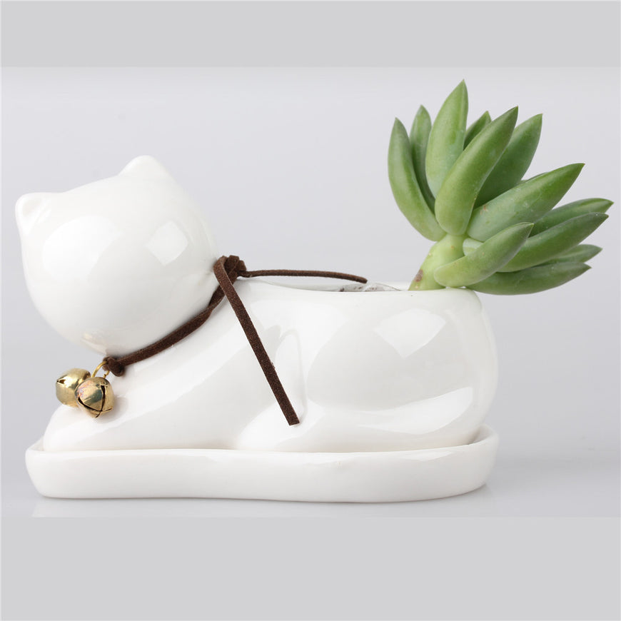 White Ceramic Cat Flower Pot - Garden - ravn (3)
