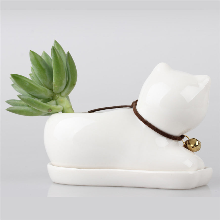 White Ceramic Cat Flower Pot - Garden - ravn (4)