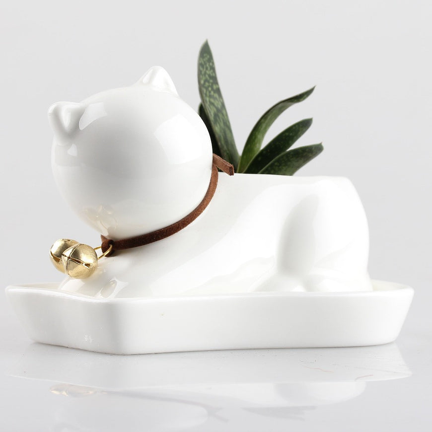 White Ceramic Cat Flower Pot - Garden - ravn (7)